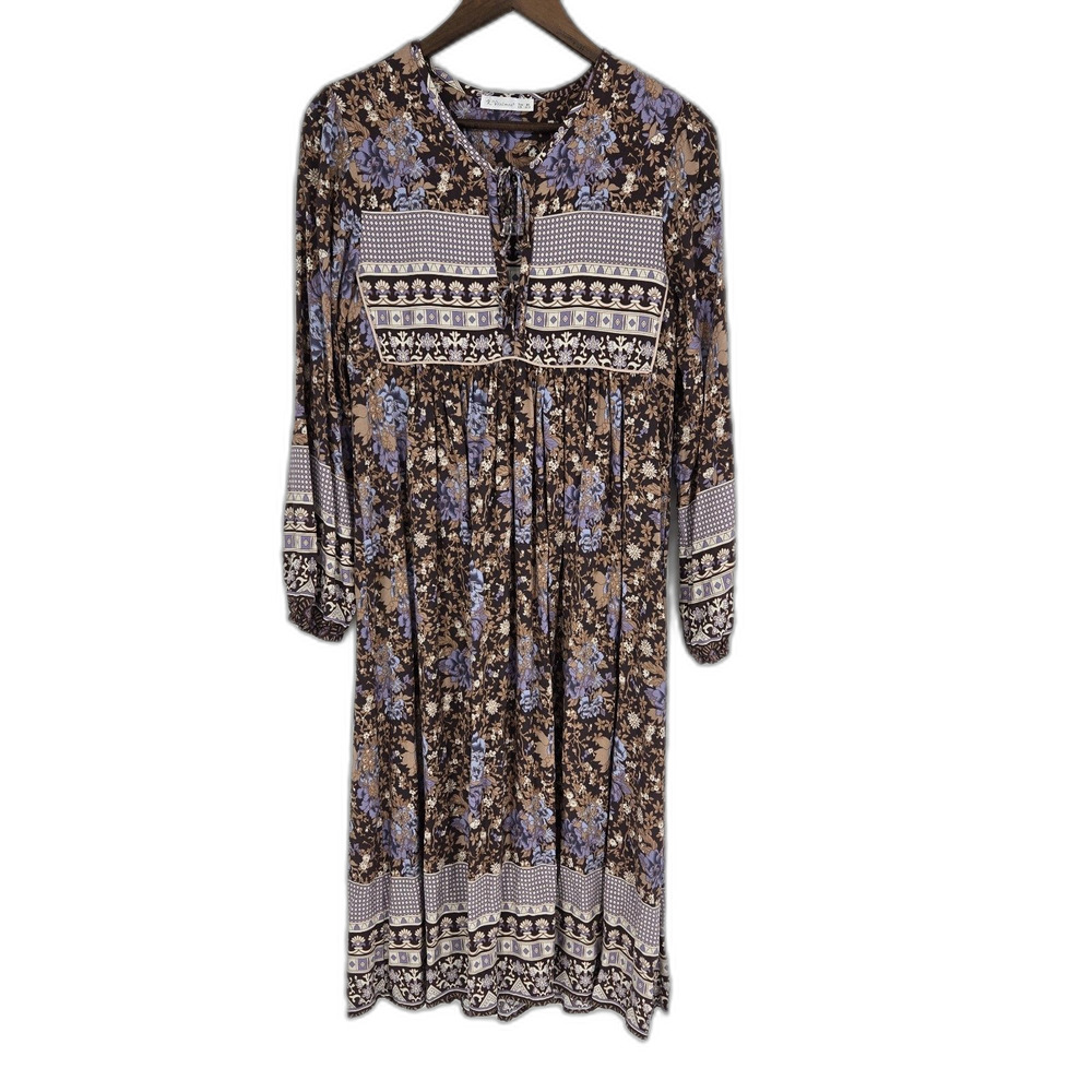 R Vivimos Boho Midi Dress Small Peasant Cottagecore Tassel Tie
